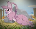  2018 4_toes alien ambient_bird angel_(lilo_&amp;_stitch) antennae anthro anthrofied avian back_markings beach bird butt claws depth_of_field disney experiment_(species) eyelashes female fence fur grey_eyes lilo_and_stitch looking_at_viewer looking_back markings pink_fur purple_claws purple_nose pussy rock seaside sherwood small_tail smile solo toes 
