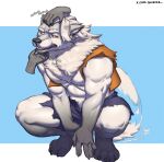 absurd_res anthro black_lips bottomwear canid canine chin_scratch clothing crossgender deadlock disembodied_hand duo eyebrows ftm_crossgender fur head_scratch hi_res lips male mammal mythological_canine mythological_creature mythology neck_tuft quqier red_eyes scratching_head shorts silver_(deadlock) solo_focus tail tail_motion tailwag text topwear torn_bottomwear torn_clothing torn_shorts tuft url valve vest werecanid werecanine werecreature werewolf white_body white_fur