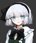  1girl :3 black_bow black_bowtie black_hairband blue_eyes bow bowtie closed_mouth collared_shirt frilled_shirt_collar frills green_vest grey_hair hairband hitodama_print konpaku_youmu looking_at_viewer natucurage print_vest shirt short_hair smile solo touhou vest white_shirt 