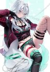  1girl absurdres artist_name asymmetrical_legwear belt black_belt black_jacket black_shorts black_thighhighs blue_eyes breasts chain character_request closed_mouth commentary copyright_request crossed_bangs fishnet_thighhighs fishnets gradient_tail green_tail grey_hair hair_between_eyes highres jacket jewelry lyusiola mismatched_legwear navel necklace o-ring open_clothes open_jacket panty_straps plaid_clothes plaid_sleeves ponytail ring short_shorts shorts solo star_(symbol) star_necklace studded_belt tail thighhighs white_tail 