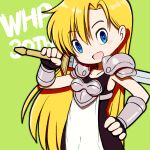  1girl :d armor beeru_(veil8801) black_gloves blonde_hair blue_eyes boobplate collarbone commentary_request fingerless_gloves gloves green_background hand_on_own_hip holding holding_sword holding_weapon janne_d'arc long_hair open_mouth over_shoulder shoulder_armor smile solo sword weapon weapon_over_shoulder world_heroes 
