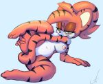 anthro collaboration fan_character felid female fur galaxyviolet green_eyes hi_res looking_at_viewer lying mammal on_side pantherine red_body red_fur sega shazy_(artist) solo sonic_the_hedgehog_(series) stripes tiger 