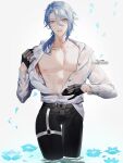  1boy abs absurdres belt black_gloves black_pants blue_eyes blue_hair forehead genshin_impact gloves highres kamisato_ayato long_sleeves male_focus mole mole_under_mouth muscular muscular_male nipples open_clothes open_shirt pants shei99 shirt short_hair smile solo wet white_shirt 