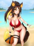  1girl :p animal_ear_fluff animal_ears beach bikini black_nails breasts brown_hair cleavage commentary ear_piercing english_commentary flame-tipped_tail halterneck highres indie_virtual_youtuber jes_over large_breasts long_hair looking_at_viewer multicolored_hair nail_polish navel orange_hair piercing ponytail red_bikini red_sweater sand side-tie_bikini_bottom sinder_(vtuber) streaked_hair sweater swimsuit tail thigh_strap tongue tongue_out virtual_youtuber water wolf_ears wolf_girl wolf_tail yellow_eyes 