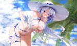  1girl alchemy_stars azure_(alchemy_stars) azure_(warm_night_air)_(alchemy_stars) bangs blue_eyes breasts casual_one-piece_swimsuit choker cleavage cloud covered_navel day grey_hair groin hat highres kazari_tayu large_breasts leaning_forward lens_flare long_hair looking_at_viewer one-piece_swimsuit open_mouth outdoors palm_tree sidelocks smile solo standing sun_hat swimsuit tree white_headwear wristband 