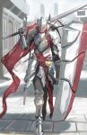  1other absurdres armor bakapo cape chest_armor covered_face crossbow full_armor gauntlets greatsword greaves helmet highres holding holding_sword holding_weapon knight original over_shoulder shield sword sword_over_shoulder weapon weapon_over_shoulder 