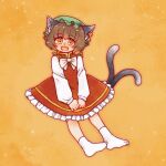  1girl :d animal_ears brown_hair cat_ears cat_tail chen earrings fang happy hat highres jewelry mew3mew3mew multiple_tails nekomata open_mouth orange_background single_earring skin_fang sky smile socks solo star_(sky) starry_sky tail touhou 