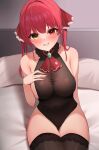  1girl ascot bangs black_leotard black_thighhighs blush breasts grin hair_ribbon highres hololive houshou_marine indoors large_breasts leotard long_hair looking_at_viewer mikumineko nail_polish on_bed pillow red_ascot red_eyes red_hair red_nails red_ribbon ribbon sitting smile solo thighhighs twintails virtual_youtuber yellow_eyes 