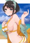  1girl absurdres arched_back armpit_crease bangs beach bikini black_hair blue_sky breasts cloud cloudy_sky commentary_request green_jacket hairband hands_up highres hololive jacket large_breasts leaning_forward long_sleeves looking_at_viewer medium_hair nail_polish official_alternate_costume oozora_subaru orange_nails shadow shiny shiny_hair sideboob sidelocks skindentation sky solo striped striped_bikini suzushika_(13_96) swept_bangs swimsuit swimsuit_under_clothes upper_body virtual_youtuber white_bikini yellow_bikini yellow_jacket 
