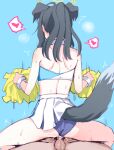  1boy 1girl animal_ears ass back bare_arms bare_shoulders black_hair blue_archive cheerleader clothed_sex cowboy_shot cowgirl_position crop_top dog_ears dog_tail from_behind girl_on_top halo happy_sex heart hetero hibiki_(blue_archive) hibiki_(cheerleader)_(blue_archive) holding holding_pom_poms kumadano long_hair lowres miniskirt motion_lines official_alternate_costume panties penis pleated_skirt pom_pom_(cheerleading) ponytail purple_panties sex simple_background skirt sleeveless solo_focus spoken_heart spread_legs squatting squatting_cowgirl_position straddling sweat tail underwear vaginal 