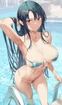 1girl aqua_bikini areola_slip arm_up armpits bangs bikini black_hair blue_eyes blurry blush breasts cleavage collarbone commentary_request depth_of_field hand_in_own_hair highres hiiragi_yuuichi large_breasts long_hair looking_at_viewer navel original outdoors parted_lips pool_ladder skindentation smile solo swimsuit thighs underboob water wet 