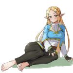  blonde_hair blush bottomwear breasts breath_of_the_wild clothed clothing female hair humanoid humanoid_pointy_ears hylian keirenkun nintendo not_furry pants princess_zelda simple_background solo the_legend_of_zelda video_games white_background 