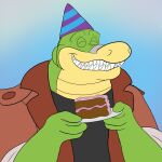  2021 4_fingers absurd_res alligator alligatorid anthro biped brok_(character) brok_the_investigator cake clothing crocodilian dessert eyes_closed fingers food green_body hat headgear headwear hi_res humanoid_hands party_hat randomkooldude reptile scalie shirt solo topwear 