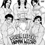  1boy 5girls absurdres armor bb_(baalbuddy) bikini_armor black_hair breasts cleavage english_text fang fang_out fangs female_orc hat highres large_breasts looking_at_viewer multiple_girls muscular muscular_female orc original parody pointy_ears smile topless_male wizard wizard_hat 