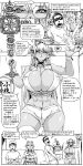  anthro baneroku big_breasts bottomwear bovid breasts caprine cleavage clothed clothing comic dialogue english_text eyewear female glasses hi_res huge_breasts human male mammal monochrome shorts text wide_hips 
