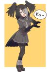  1girl bird_girl bird_tail bird_wings black_gloves black_hair black_pantyhose black_shirt black_skirt blue_eyes blush brown_footwear elbow_gloves frilled_skirt frills full_body gloves grey_hair grey_necktie hair_over_one_eye head_wings highres jungle_crow_(kemono_friends) kemono_friends loafers necktie ookii_yama pantyhose pleated_skirt sailor_collar school_uniform serafuku shirt shoes short_hair short_sleeves skirt solo speech_bubble t-shirt tail wings 