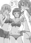  3girls arms_behind_back asaka_karin ass ass_visible_through_thighs back bangs bikini blush bow braid breasts cleavage commentary_request emma_verde freckles greyscale half-closed_eyes hand_up hands_on_hips konoe_kanata large_breasts long_hair looking_at_viewer looking_back love_live! love_live!_nijigasaki_high_school_idol_club marugoshi_teppei medium_hair monochrome multiple_girls navel open_mouth sailor_collar short_hair sidelocks smile speech_bubble stomach swimsuit swimsuit_skirt thighs translation_request waist_bow 