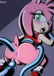  2022 accessory amy_rose anthro anus bedroom_eyes blush bottomless butt clothed clothing eulipotyphlan female fours_(artist) genitals green_eyes hair hair_accessory hairband hedgehog hi_res looking_at_viewer looking_back looking_back_at_viewer mammal multicolored_body narrowed_eyes open_mouth pink_body pink_hair pussy seductive sega solo sonic_the_hedgehog_(series) tan_body tentacles two_tone_body 