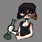  anthro black_clothing black_shirt black_topwear bong calico_cat clothing domestic_cat drugged drugs epic_games felid feline felis female fortnite fur hat headgear headwear lighter mammal meow_skulls_(fortnite) mottled on_drugs piebald red_eyes shirt sketchylimesliv smile solo stained_fur substance_intoxication topwear video_games white_body white_fur 