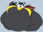  2022 anthro atlus bandanna belly belt big_belly big_breasts black_body black_fur blue_eyes blush bottomless breasts clothed clothing crossgender digital_media_(artwork) domestic_cat felid feline felis female food fur hi_res huge_breasts hyper hyper_belly kerchief mammal mask megami_tensei megami_tensei_persona milk-knight morbidly_obese morbidly_obese_anthro morbidly_obese_female morgana_(persona) mtf_crossgender neckerchief obese obese_anthro obese_female overweight overweight_anthro overweight_female simple_background smile solo sushi thick_thighs video_games wide_hips 