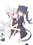  2girls :d animal_ear_fluff animal_ears bangs black_dress black_hair black_socks blue_archive blush bow breasts brown_eyes cleavage_cutout closed_mouth clothing_cutout commentary_request dress frilled_skirt frills green_bow green_eyes grey_hair hair_between_eyes halo harrybeace highres kokona_(blue_archive) long_hair multicolored_hair multiple_girls pelvic_curtain pleated_skirt shoes shun_(blue_archive) shun_(small)_(blue_archive) siblings simple_background sisters skirt small_breasts smile socks streaked_hair thighhighs twintails very_long_hair white_background white_footwear white_skirt white_thighhighs 
