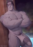  1boy abs artist_name bara biceps black_hair blue_skin blurry blurry_background colored_skin crossed_arms f_con feet_out_of_frame fundoshi headband highres hoshigaki_kisame huge_penis japanese_clothes large_pectorals looking_at_viewer male_focus male_underwear manly mature_male naruto naruto_(series) naruto_shippuuden no_pants onsen pectorals penis precum pubic_hair scar sharp_teeth short_hair signature smirk solo spiked_hair steam teeth testicles thick_arms thick_eyebrows thick_thighs thighs topless_male underwear water wood 