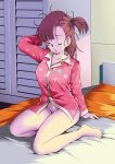  1girl barefoot bottomless breasts brown_hair bulma collarbone dragon_ball dragon_ball_(classic) feet highres large_breasts long_hair looking_at_viewer one_eye_closed open_mouth red_eyes sitting solo thighs toes wariza youngjijii 