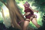  absurd_res animal_humanoid bottomwear breasts cat_humanoid cleavage clothed clothing eye_patch eyewear felid felid_humanoid feline feline_humanoid female forest gadthegod hair hi_res holding_knife holding_object humanoid knife mammal mammal_humanoid pink_hair plant shorts solo tree 