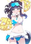  1girl animal_ears arm_up armpits ass_visible_through_thighs bangs bare_shoulders black_hair blue_archive blue_eyes blue_panties blunt_bangs blush breasts cheerleader cleavage crop_top dog_ears dog_girl dog_tail eyewear_on_head goggles goggles_on_head halo hibiki_(blue_archive) hibiki_(cheerleader)_(blue_archive) highres holding holding_pom_poms ichika_(ichi_ka0) long_hair looking_at_viewer medium_breasts midriff miniskirt multicolored_hair navel open_mouth panties pom_pom_(cheerleading) simple_background skirt sleeveless solo sunglasses tail thighs underwear white_background white_skirt 