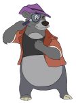  2021 anthro baloo belly biped black_nose brok_(character) brok_the_investigator clothing cosplay disney grey_body hat headgear headwear hi_res humanoid_hands magnifying_glass mammal one_eye_closed overweight randomkooldude shirt simple_background solo talespin tongue tongue_out topwear ursid 