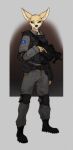  anthro armed blue_eyes boots canid canine clothing elbow_pads equipment female fennec footwear fox gun hi_res jumpsuit knee_pads lethal_doors mammal matthews(razumi) military military_uniform ranged_weapon solo uniform weapon 
