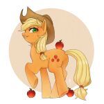  2022 apple applejack_(mlp) blonde_hair choco_hosikawa clothing cowboy_hat cutie_mark digital_media_(artwork) earth_pony equid equine eyelashes female feral freckles friendship_is_magic hair hasbro hat headgear headwear hi_res hooves horse looking_at_viewer looking_back looking_back_at_viewer mammal my_little_pony orange_body pony raised_hoof signature smile solo yellow_tail 