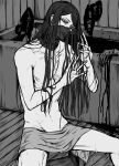  bathtub blood danganronpa_(series) danganronpa_v3:_killing_harmony gau_gauman greyscale highres implied_murder long_hair monochrome shinguuji_korekiyo sitting skinny speech_bubble 