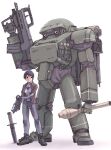  1girl black_eyes black_hair bodysuit breasts brown_jacket explosive grenade grey_bodysuit gun holding holding_grenade holding_gun holding_weapon jacket knife kuroyagi looking_to_the_side mecha medium_breasts metalhead_(ttrpg) pilot_suit pouch red_eyes robot science_fiction short_hair standing submachine_gun trigger_discipline weapon white_background 