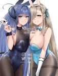  2girls :3 absurdres animal_ears aqua_leotard arm_strap asuna_(blue_archive) asuna_(bunny)_(blue_archive) azur_lane blue_archive blue_bow blue_bowtie blue_eyes bodystocking bow bowtie breast_press breasts brown_pantyhose card crossover detached_collar fake_animal_ears gloves hair_over_one_eye highleg highleg_leotard highres holding holding_card large_breasts leotard light_brown_hair long_hair looking_at_viewer mole mole_on_breast multiple_girls new_jersey_(azur_lane) new_jersey_(exhilarating_steps!)_(azur_lane) official_alternate_costume pantyhose playboy_bunny playing_card purple_eyes purple_hair purple_leotard rabbit_ears simple_background smile strapless strapless_leotard symmetrical_docking teeth thighband_pantyhose tini traditional_bowtie very_long_hair watermark white_background white_gloves 