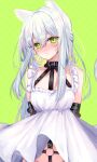  1girl :t absurdres animal_ear_fluff animal_ears arknights arms_behind_back bangs bdsm blush bondage bound bound_arms buckle cat_ears cat_girl cat_tail closed_mouth collar dress green_background green_eyes grey_hair harness highres long_hair looking_at_viewer miruku_pan navel pout rosmontis_(arknights) simple_background sleeveless sleeveless_dress solo tail upskirt white_dress 