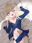  1girl @_@ aizawa_ema assisted_exposure bangs bed blonde_hair blue_eyes blue_panties blue_shirt blue_shorts blush bow bow_panties breasts clothes_pull gradient_hair highres long_hair looking_at_viewer lying medium_breasts multicolored_hair multiple_girls navel no_bra off_shoulder on_back on_bed open_clothes open_mouth open_shirt pajamas panties sabaru11037 scared shadow shirt short_shorts shorts shorts_pull solo_focus stomach underwear very_long_hair virtual_youtuber vspo! wavy_mouth 