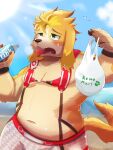  anthro beach belly blonde_hair blue_eyes blush bottomwear canid canine canis clothing domestic_dog floppy_ears hair harness hi_res hisaki_(live-a-hero) inumagami lifewonders live-a-hero male mammal navel seaside shorts slightly_chubby solo swimwear video_games water_bottle 