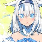 1girl animal_ear_fluff animal_ears bangs bare_shoulders blue_bow blue_eyes blush bow breasts cat_ears cat_girl character_name detached_collar dobrynya_nikitich_(fate) fate/grand_order fate_(series) fur_trim hair_bow hairband long_hair looking_at_viewer low_ponytail robina solo white_hair 