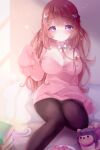  1girl absurdres blush breasts brown_pantyhose cleavage closed_mouth fallen_shadow highres indie_virtual_youtuber large_breasts long_hair nina_saotome pantyhose pink_sweater purple_eyes solo stuffed_toy sweater virtual_youtuber 