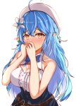  1girl blue_hair blush cleavage_cutout clothing_cutout crying crying_with_eyes_open dress elf flower hair_flower hair_ornament hat hololive long_hair looking_at_viewer pointy_ears sabamiso_(tomomon021831) solo tearing_up tears virtual_youtuber white_flower yellow_eyes yukihana_lamy 
