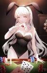  1girl absurdres animal_ears bangs bare_arms bare_legs breasts card eyebrows_hidden_by_hair fake_animal_ears highres holding holding_card long_hair looking_at_viewer original playboy_bunny poker rabbit_ears red_eyes smile solo table white_hair wrist_cuffs yeoni_mon 