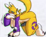  anthro bandai_namco big_breasts big_penis black_sclera blue_eyes breasts digimon digimon_(species) fur genitals gynomorph hi_res intersex looking_at_viewer nipples penis renamon rotten_owl simple_background solo traditional_media_(artwork) white_background white_body white_fur yellow_body yellow_fur 