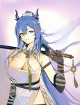  1girl arknights arm_strap arm_wrap bangs black_gloves blue_eyes blue_hair breasts chinese_commentary cleavage crossed_bangs detached_collar dragon_girl dragon_horns dress elbow_gloves gloves gradient gradient_background hair_between_eyes highres holding holding_weapon horns ken_(1057168252) large_breasts ling_(arknights) long_hair looking_at_viewer necktie over_shoulder parted_lips pointy_ears ponytail purple_background simple_background smirk solo strapless strapless_dress tassel upper_body weapon weapon_over_shoulder white_background white_dress wing_collar yellow_necktie 