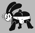  2022 anthro anus black_and_white black_body butt clothed clothing digital_drawing_(artwork) digital_media_(artwork) disney genital_outline gentials lagomorph leporid male mammal monochrome oswald_the_lucky_rabbit partially_clothed presenting presenting_hindquarters qoolguyart rabbit simple_background smile solo toony underwear 