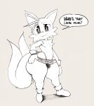  anthro belt bulge canid canine clothing english_text footwear fox gloves hand_on_hip handwear hi_res huge_thighs legwear looking_at_viewer male mammal miles_prower monochrome open_mouth question_mark sega shoes solo sonic_the_hedgehog_(series) speech_bubble sqoon text thick_thighs thigh_highs thong underwear 