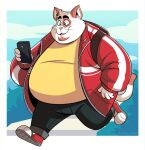  2022 anthro backpack belly big_belly bottomwear cellphone clothing domestic_cat felid feline felis humanoid_hands john_vithor male mammal overweight overweight_male pants phone shirt smartphone solo topwear walking 
