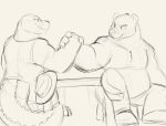  2022 alligator alligatorid anthro arm_wrestling brok_(character) brok_the_investigator clothing crocodilian duo hat headgear headwear humanoid_hands knaveofclubs male mammal r.j._(brok_the_investigator) reptile scalie sitting slightly_chubby ursid video_games 