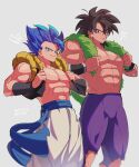  2boys ? abs artist_name black_eyes black_hair blue_eyes blue_hair blurry bracer broly_(dragon_ball_super) closed_mouth commentary_request cross_scar dark-skinned_male dark_skin depth_of_field dragon_ball dragon_ball_super dragon_ball_super_broly fur_(clothing) gogeta green_fur grey_background highres looking_at_viewer male_focus metamoran_vest multiple_boys muscular muscular_male navel notice_lines pants parted_lips pectorals purple_pants scar scar_on_cheek scar_on_chest scar_on_face simple_background spiked_hair super_saiyan super_saiyan_blue topless_male twitter_username white_pants zero-go 