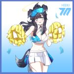  1girl absurdres animal_ears black_hair blue_archive blush breasts cheerleader cleavage dog_ears dog_girl dog_tail eyewear_on_head grey_eyes halo hibiki_(blue_archive) hibiki_(cheerleader)_(blue_archive) highres jonasmk medium_breasts midriff navel pleated_skirt pom_pom_(cheerleading) ponytail skirt solo star_(symbol) sticker_on_face tail 